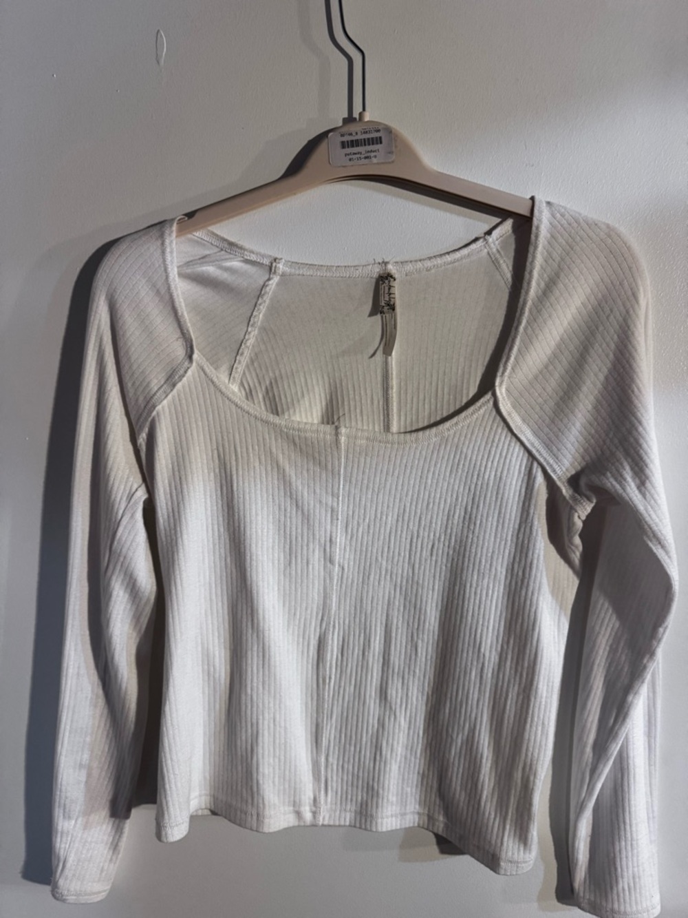Free People White Ribbed Scoop-Neck Long Sleeve Top